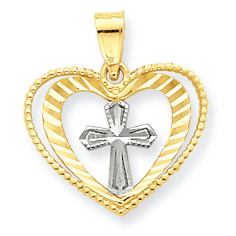 10K Gold & Rhodium Heart w/Cross Charm