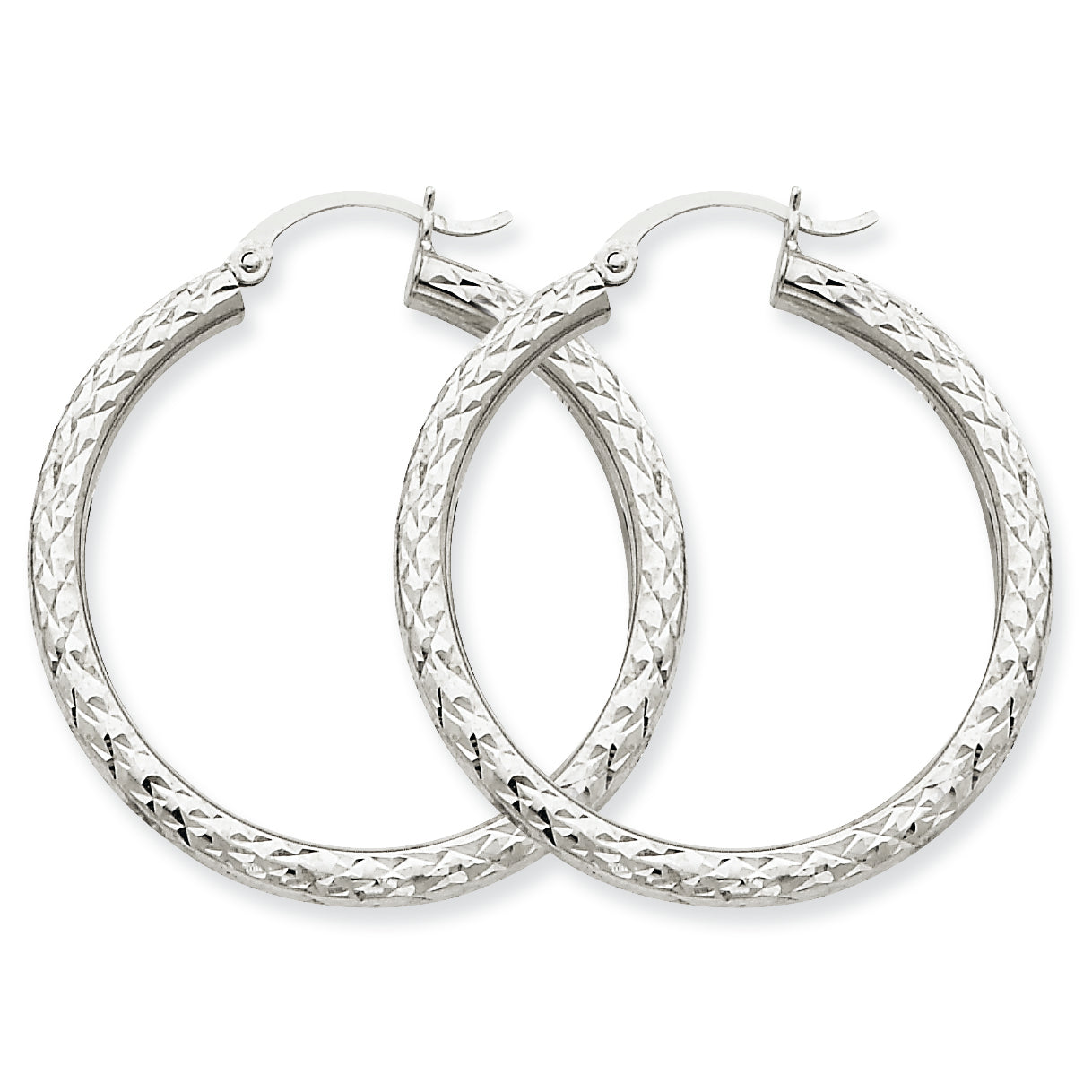 10K White Gold Diamond-cut 3mm Round Hoop Earrings
