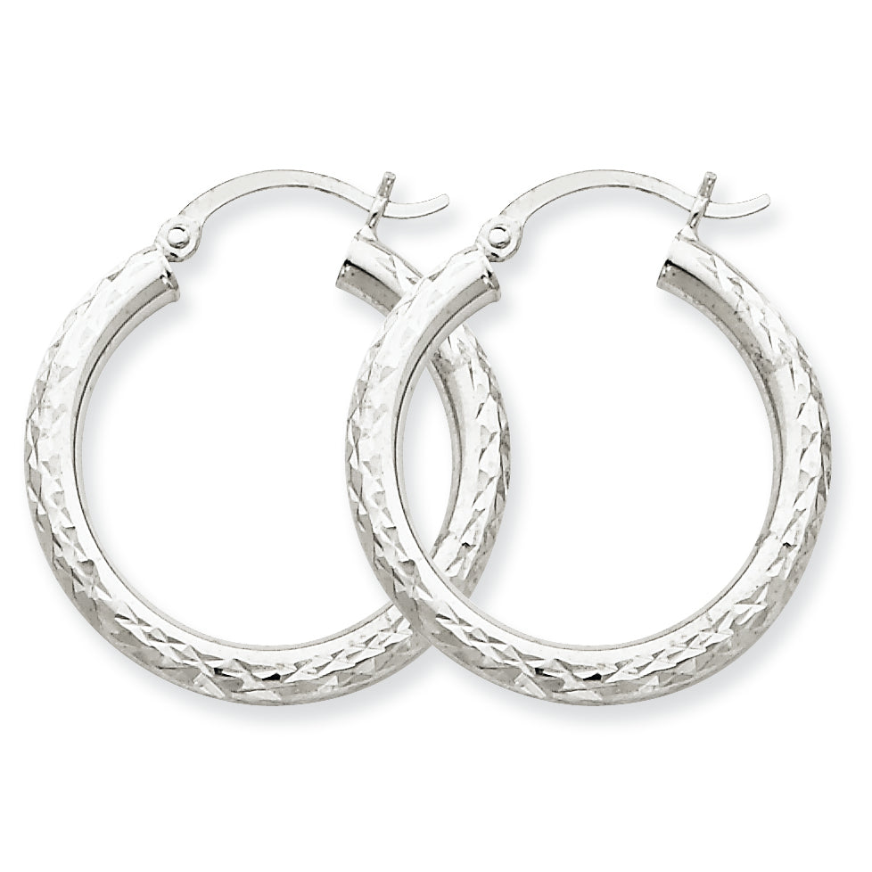 10K White Gold Diamond-cut 3mm Round Hoop Earrings