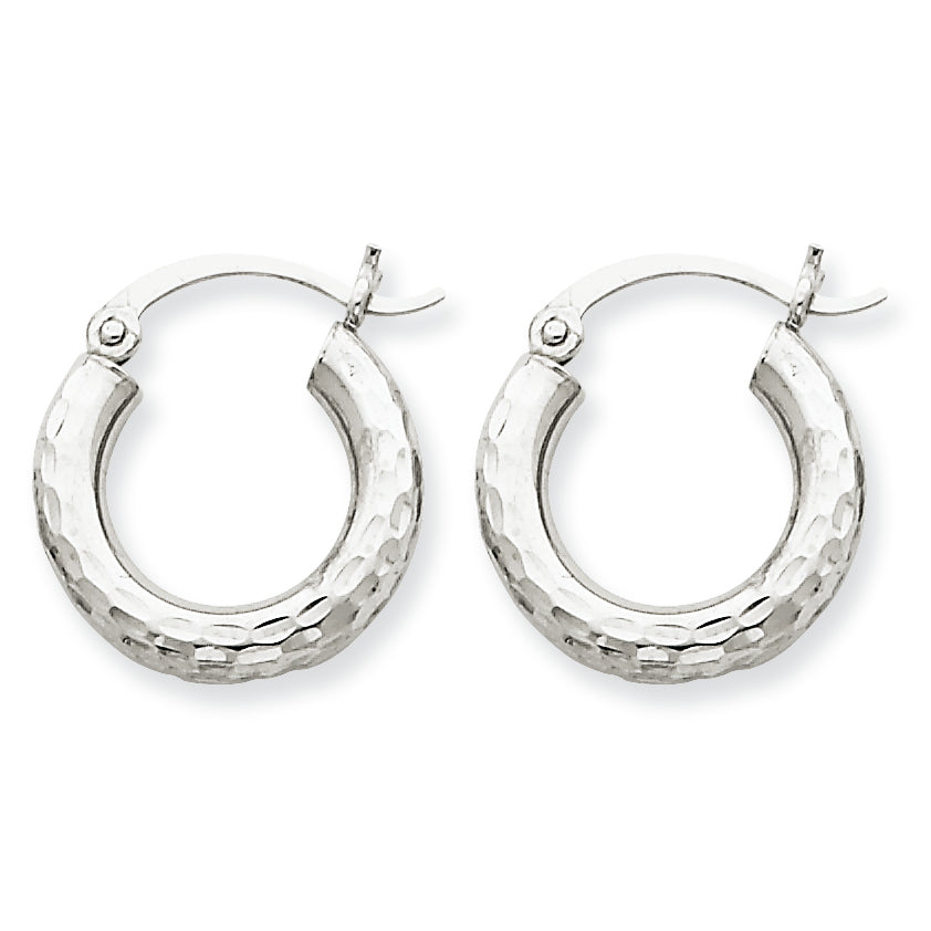 10K White Gold Diamond-cut 3mm Round Hoop Earrings