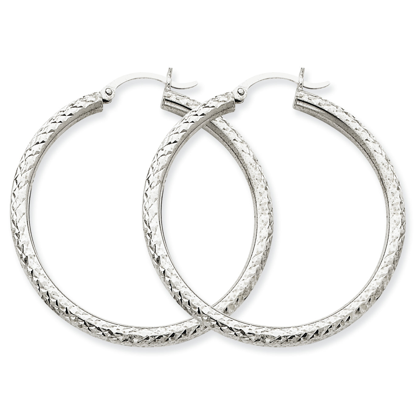 10K White Gold Diamond-cut 3mm Round Hoop Earrings