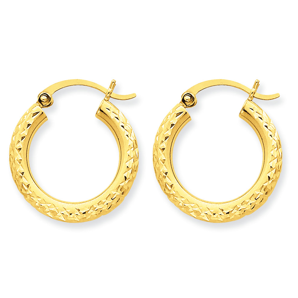 10K Gold Diamond-cut 3mm Round Hoop Earrings