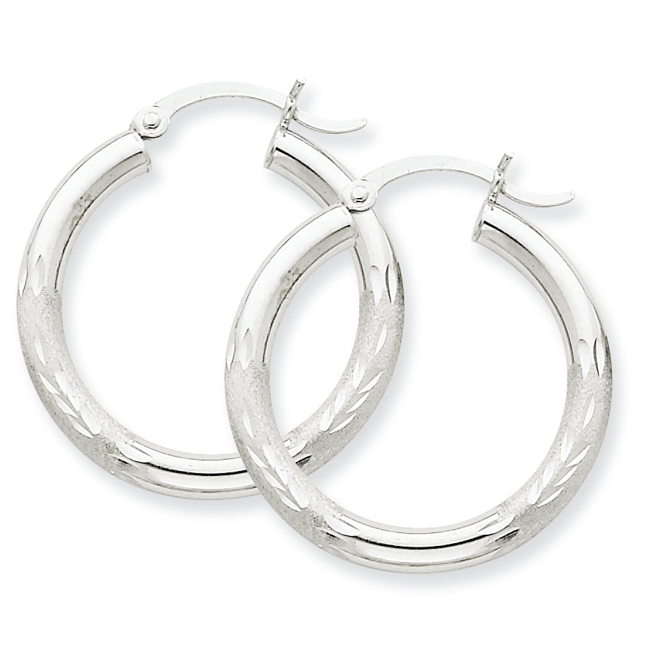 10K White Gold Satin & Diamond-cut 3mm Round Hoop Earrings