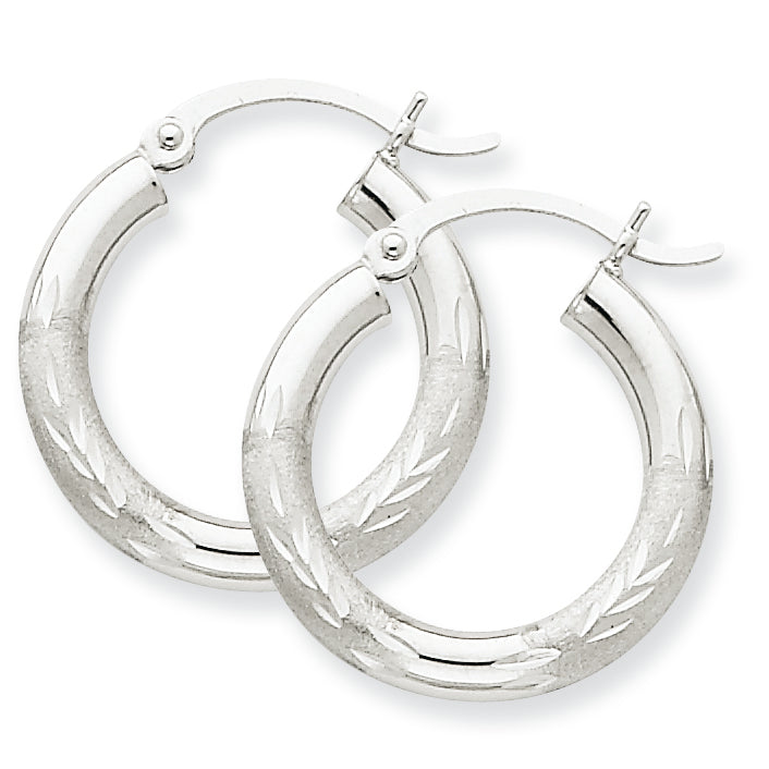 10K White Gold Satin & Diamond-cut 3mm Round Hoop Earrings