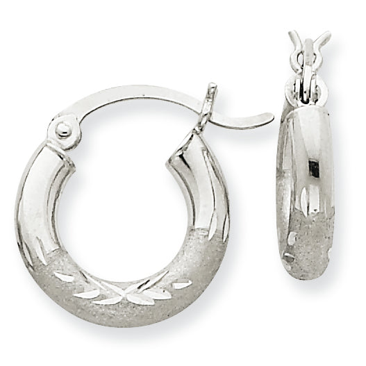 10K White Gold Satin & Diamond-cut 3mm Round Hoop Earrings