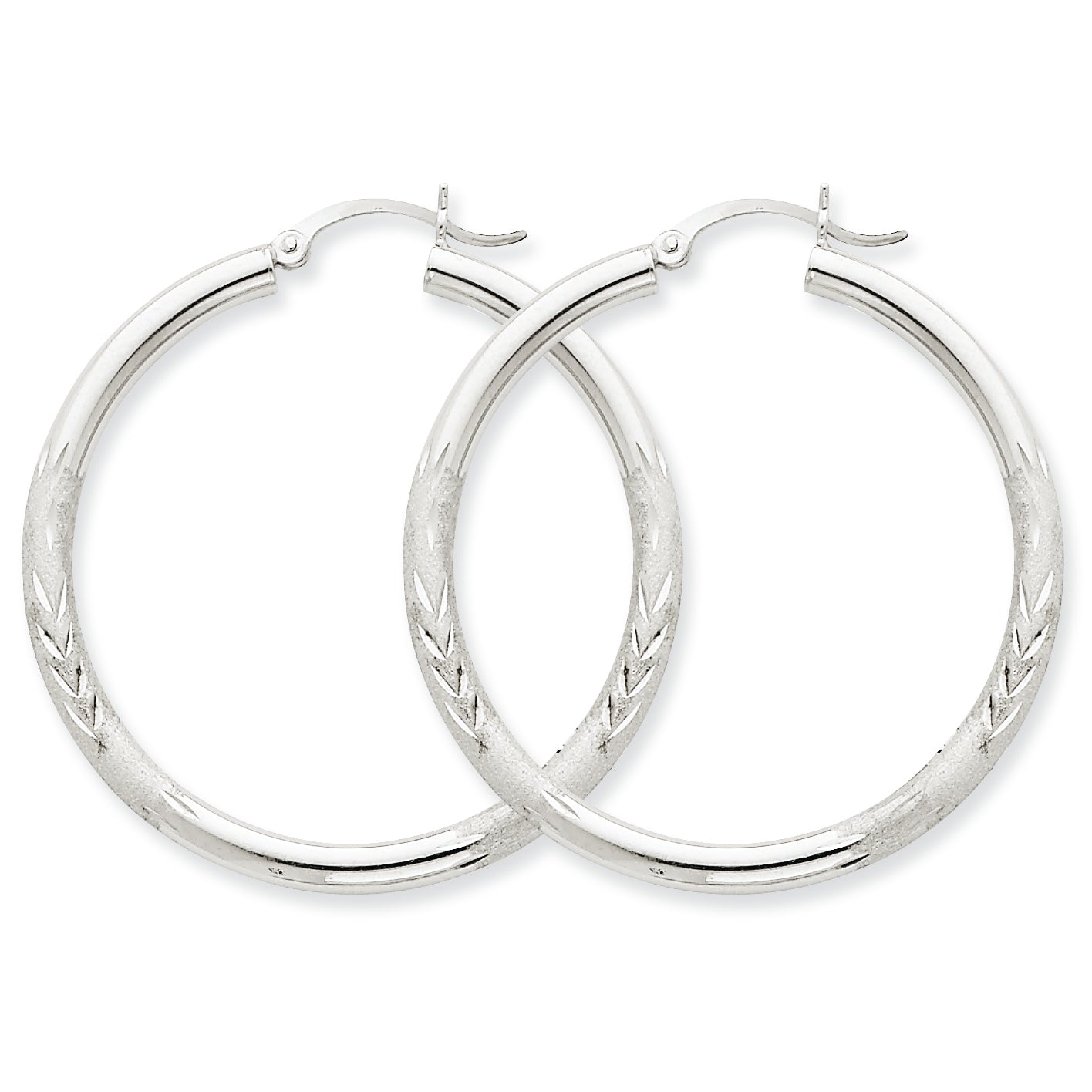 10K White Gold Satin & Diamond-cut 3mm Round Hoop Earrings