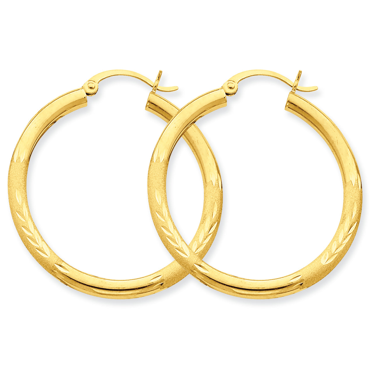 10K Gold Satin & Diamond-cut 3mm Round Hoop Earrings
