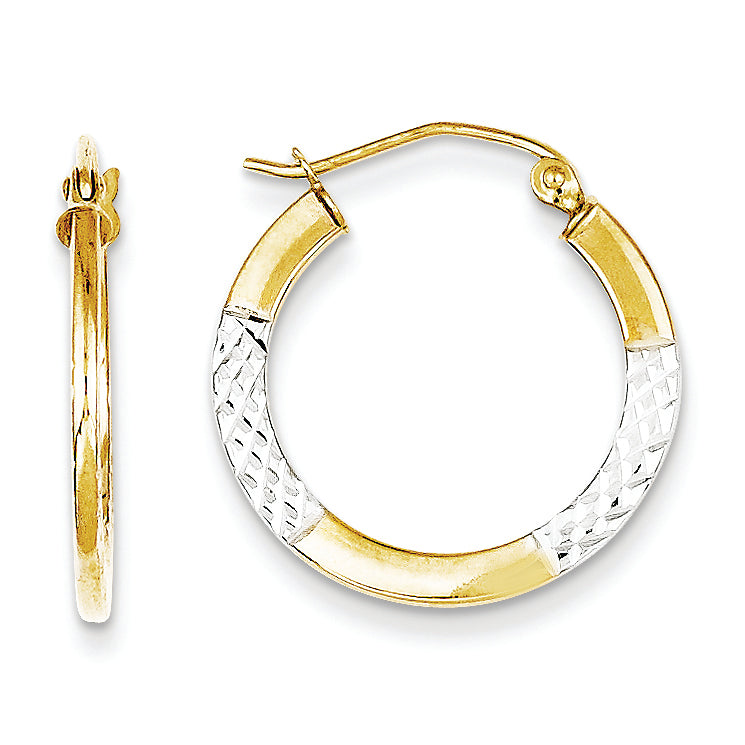 10K Gold & Rhodium Diamond Cut 2.5x20mm Hoop Earrings