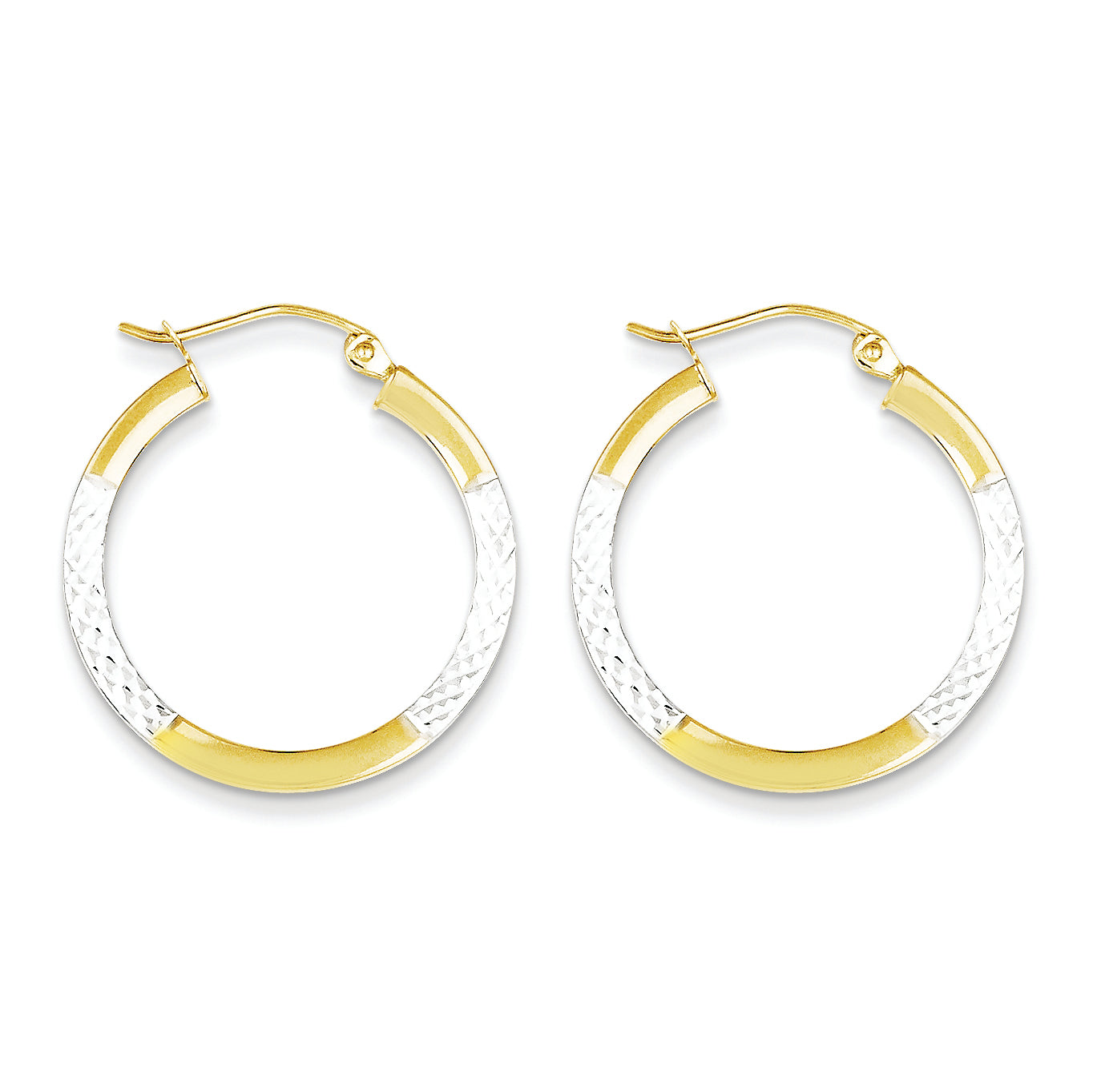10K Gold & Rhodium Diamond Cut 2.5x20mm Hoop Earrings