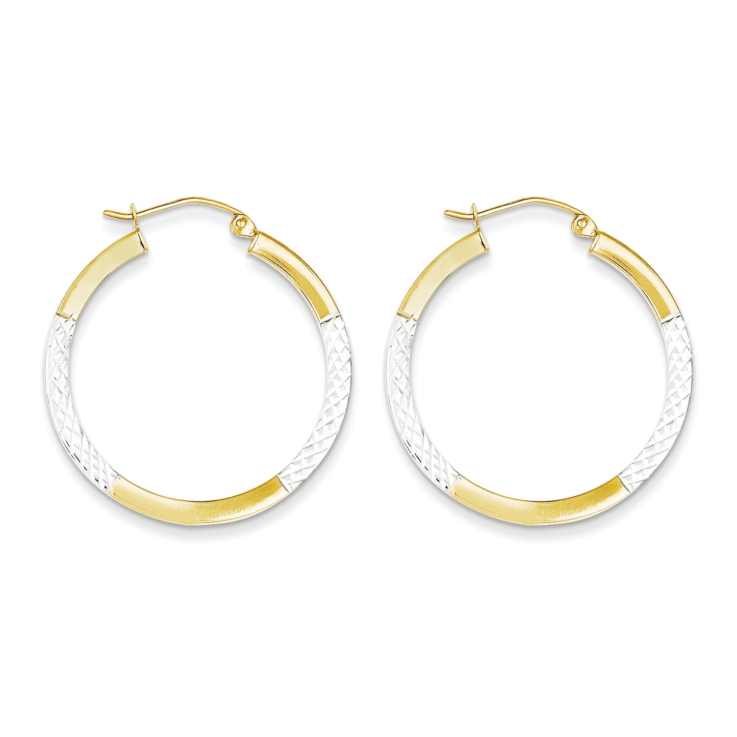 10K Gold & Rhodium Diamond Cut 2.5x20mm Hoop Earrings