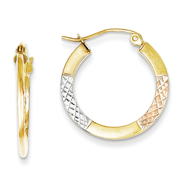 10K Gold White & Rose Rhodium D/C 2.5x20mm Hoop Earrings