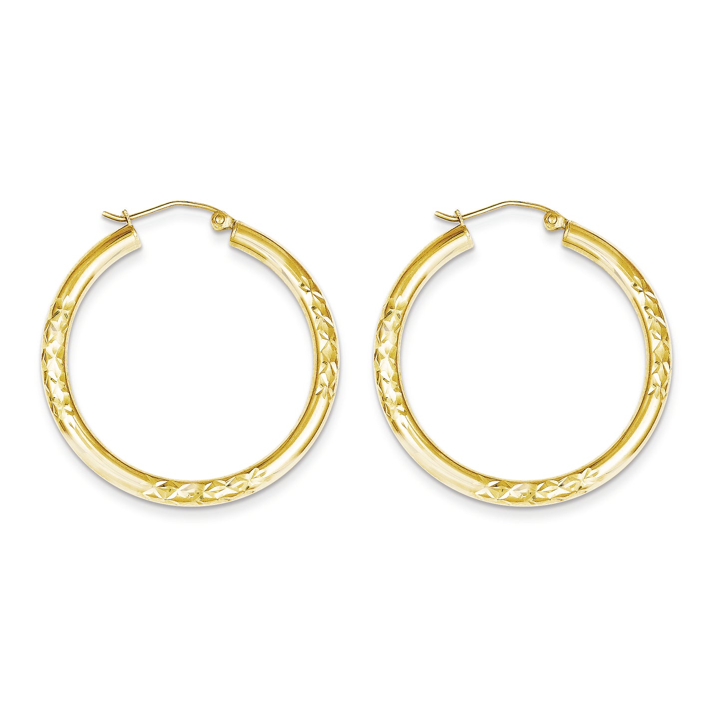 10K Gold Diamond Cut 3x35mm Hollow Tube Hoop Earrings