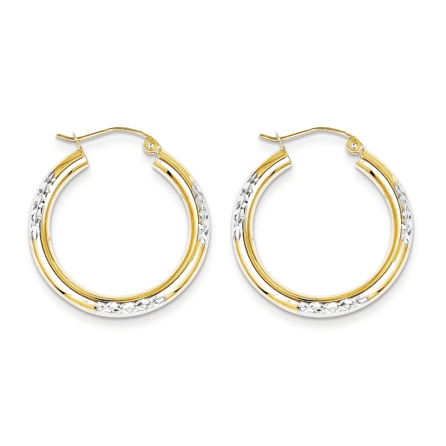 10K Gold & Rhodium Diamond Cut 3mm Hoop Earrings