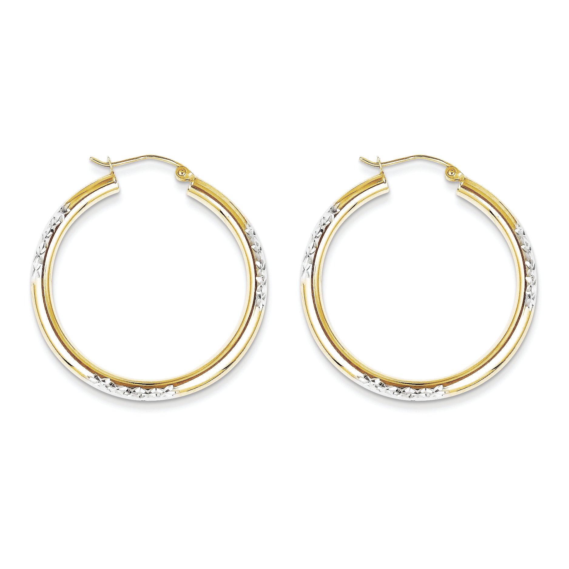 10K Gold & Rhodium Diamond Cut 3mm Hoop Earrings