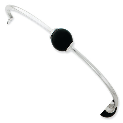 Sterling Silver Black Onyx Bead Stretch Bangle Bracelet