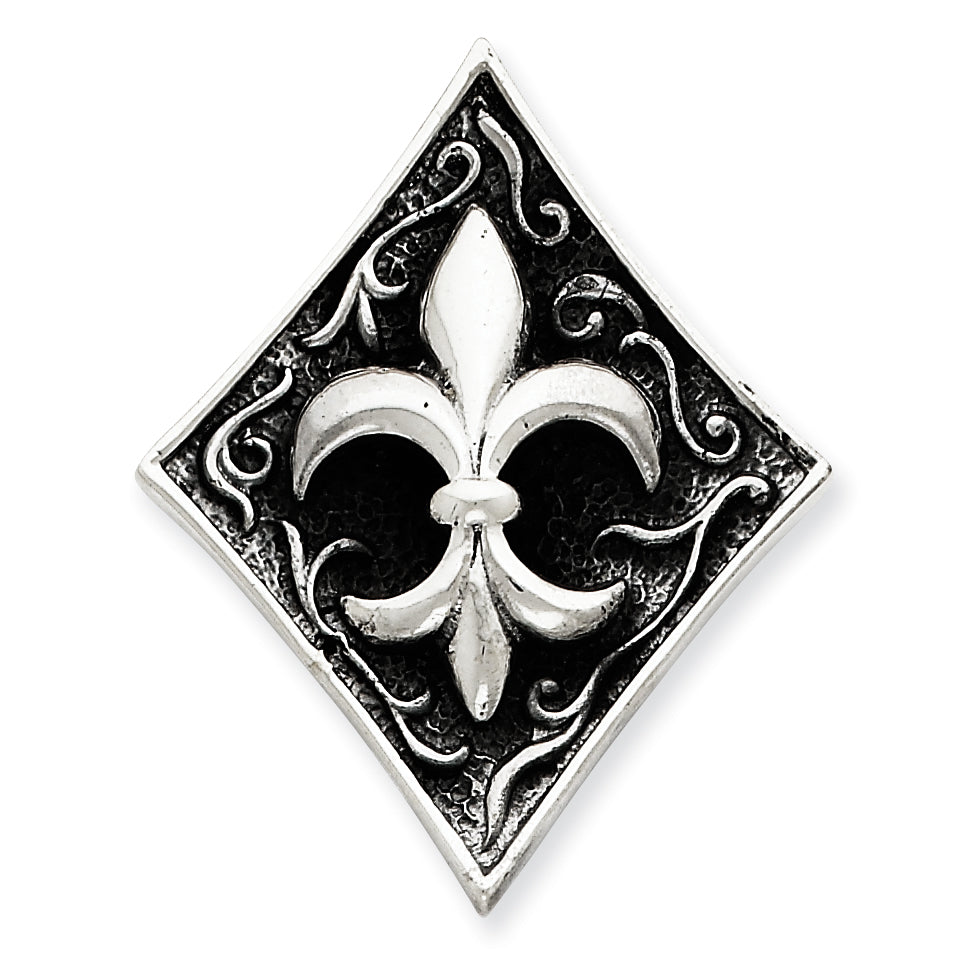Sterling Silver Antiqued Diamond Shape w/ Fleur de lis Pendant