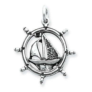 Sterling Silver Antiqued Sailboat in Wheel Charm