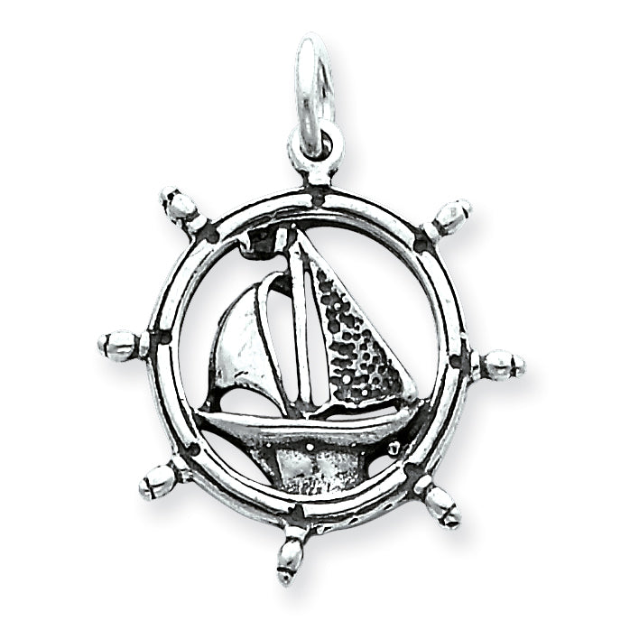 Sterling Silver Antiqued Sailboat in Wheel Charm