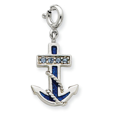 Sterling Silver Blue Enameled Anchor w/Crystals Charm