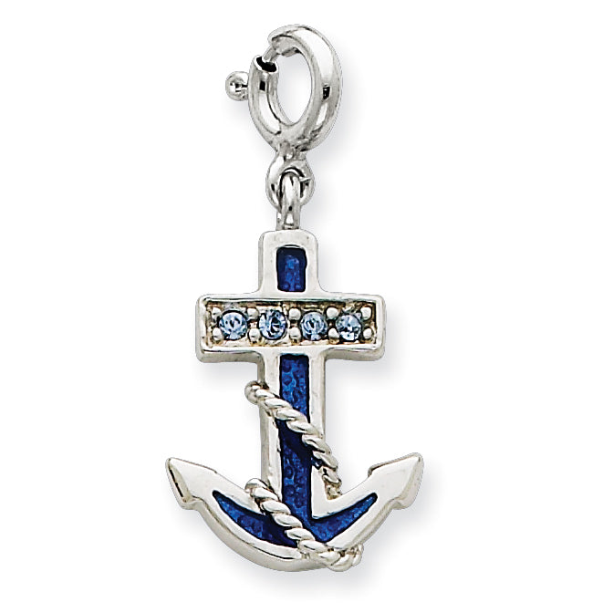 Sterling Silver Blue Enameled Anchor w/Crystals Charm