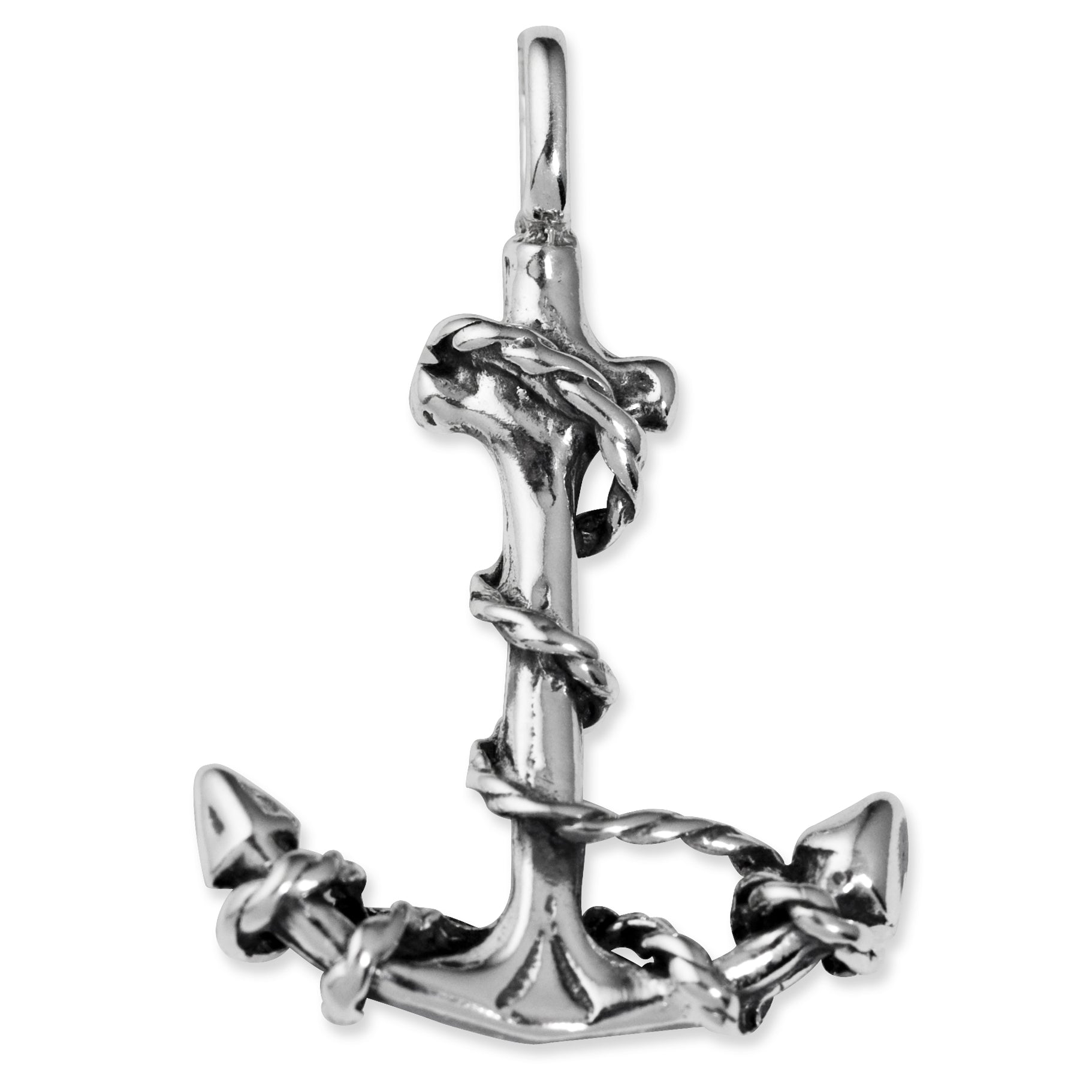 Sterling Silver 3D Antiqued Anchor and Rope Pendant