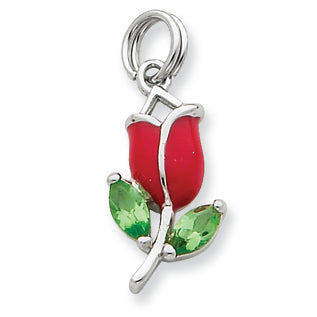 Sterling Silver Green CZ & Red Enamel Flower Charm