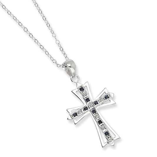 Sterling Silver & Platinum-plated Dia. & Sapphire 18in Cross Necklace