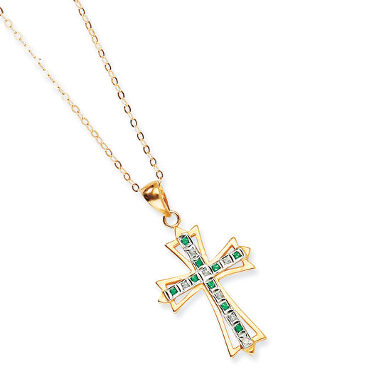 Sterling Silver & Gold-plated Dia. & Emerald 18in Cross Necklace