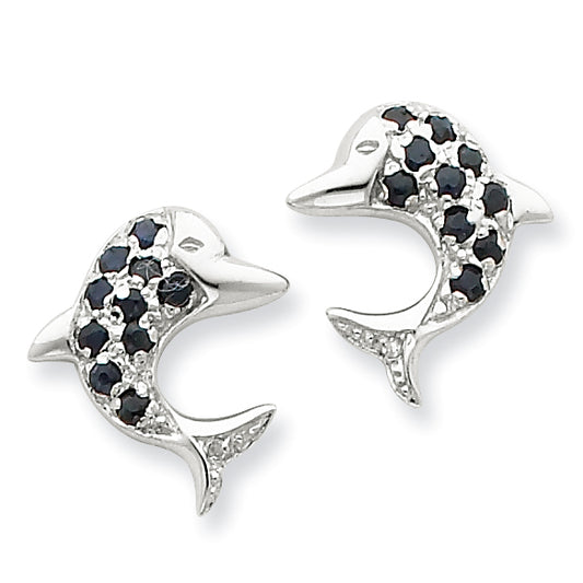 Sterling Silver Rhodium Shappire & Diamond Dolphin Post Earrings