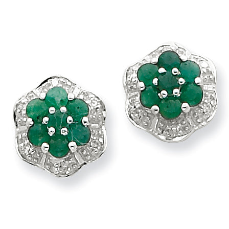 Sterling Silver Rhodium Emerald & Diamond Post Earrings