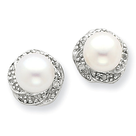 Sterling Silver Rhodium FW Cultured Pearl & Diamond Post Earrings