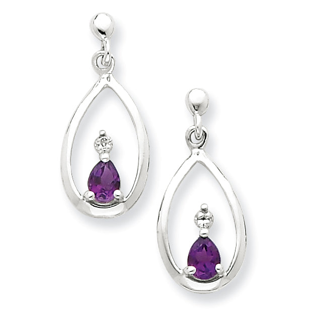 Sterling Silver Rhodium Pear Amethyst & Diamond Post Earrings