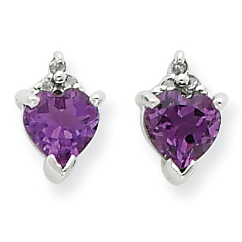 Sterling Silver Rhodium Heart Amethyst & Diamond Post Earrings