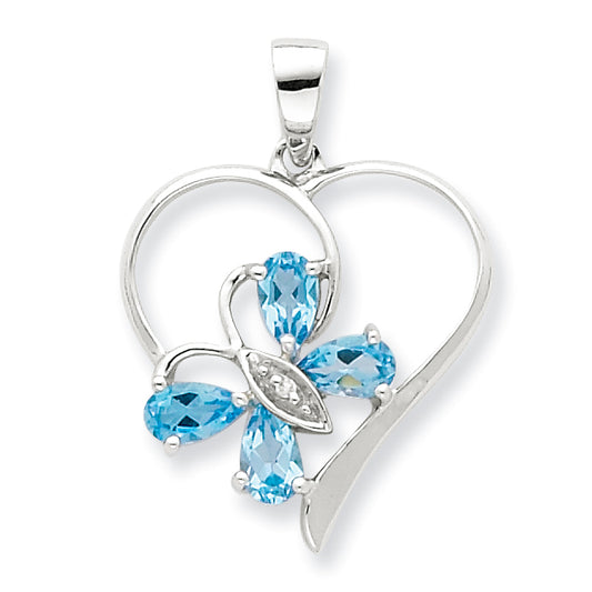 Sterling Silver SW Blue Topaz & Diamond Butterfly Heart Pendant