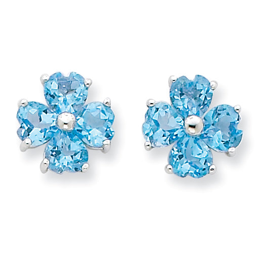 Sterling Silver Rhodium Swiss Blue Topaz Flower Post Earrings
