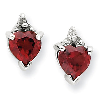 Sterling Silver Rhodium Heart Garnet & Diamond Post Earrings