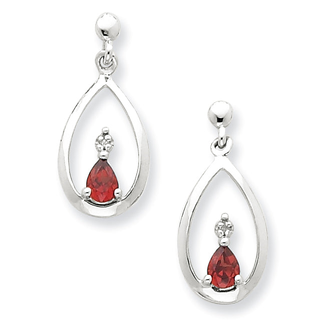 Sterling Silver Rhodium Pear Garnet & Diamond Post Earrings