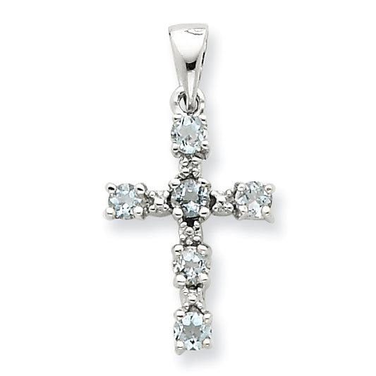 Sterling Silver Rhodium Aqua & Diamond Cross Pendant