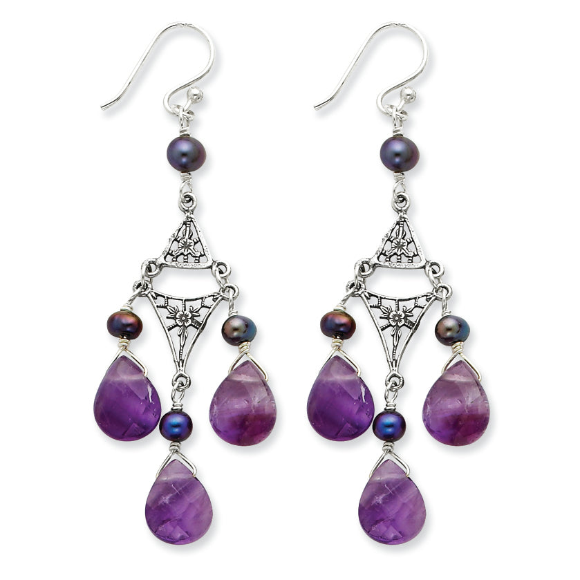 Sterling Silver Amethyst & Peacock Cultured Pearl Earrings