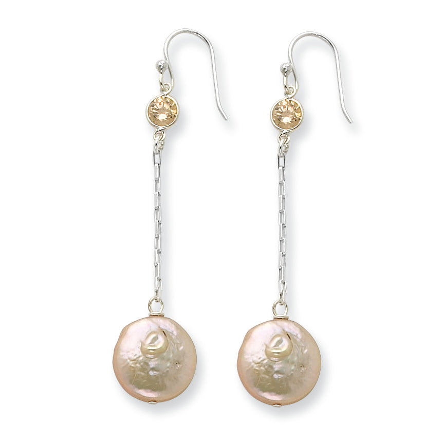 Sterling Silver Champagne CZ/Peach FW Cultured Coin Pearl Earrings