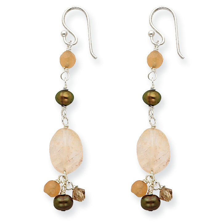 Sterling Silver Carnelian/Quartz/Topaz Crystal/FW Cultured Pearl Earrings