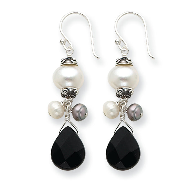 Sterling Silver Jet Crystal/FW Cultured White & Peacock Pearl Earrings