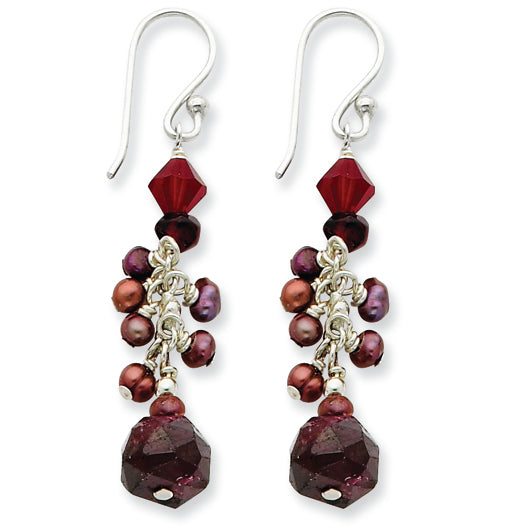Sterling Silver Cultured Pearl/Dk. Red Crystal/Rh. Garnet Earrings