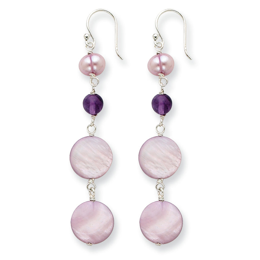 Sterling Silver Amethyst/Purple Mother of Pearl/FW Cultured Pearl Earring