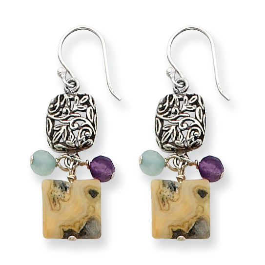 Sterling Silver Antiqued Amethyst/Green Agate/Jasper Earrings
