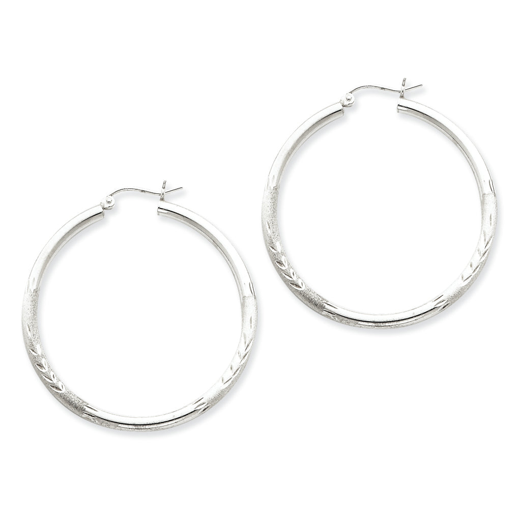 Sterling Silver 2.50mm Satin Diamond-cut Hoop Earrings