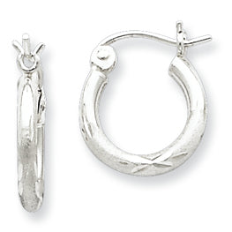 Sterling Silver 2mm Satin & Diamond Cut Hoop Earrings