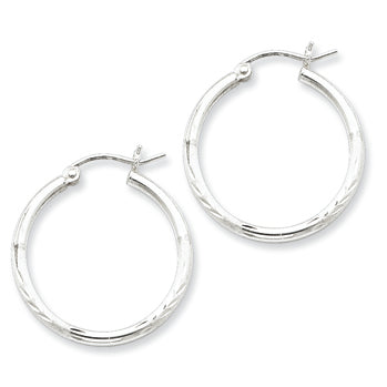 Sterling Silver 2mm Satin & Diamond Cut Hoop Earrings