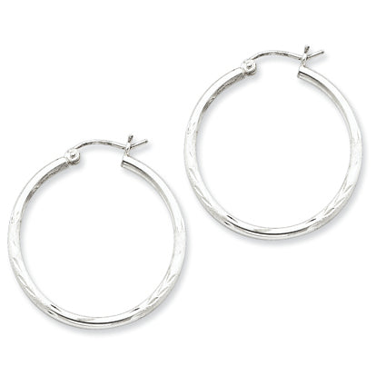 Sterling Silver 2mm Satin & Diamond Cut Hoop Earrings