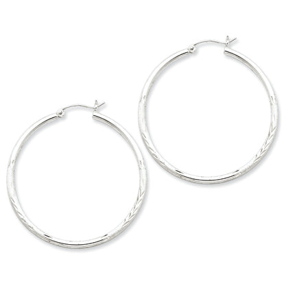 Sterling Silver 2mm Satin & Diamond Cut Hoop Earrings